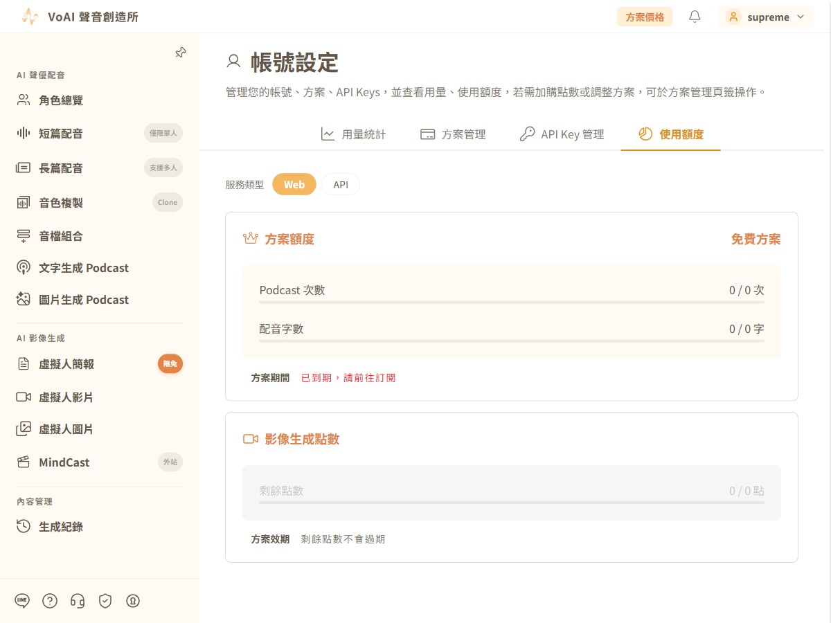 使用額度 Web 分頁